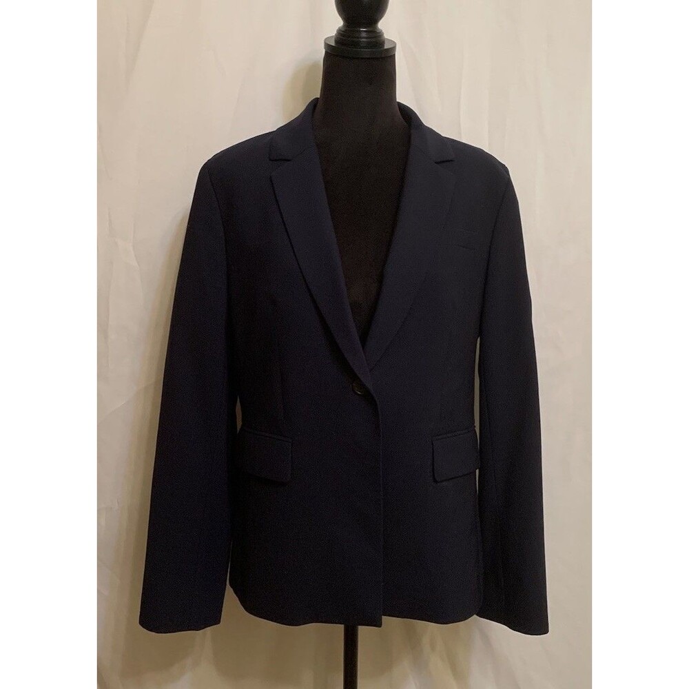 J. Crew Women 365 Size 12 Wool Blend Blazer Single Button Navy Blue Preppy Lined